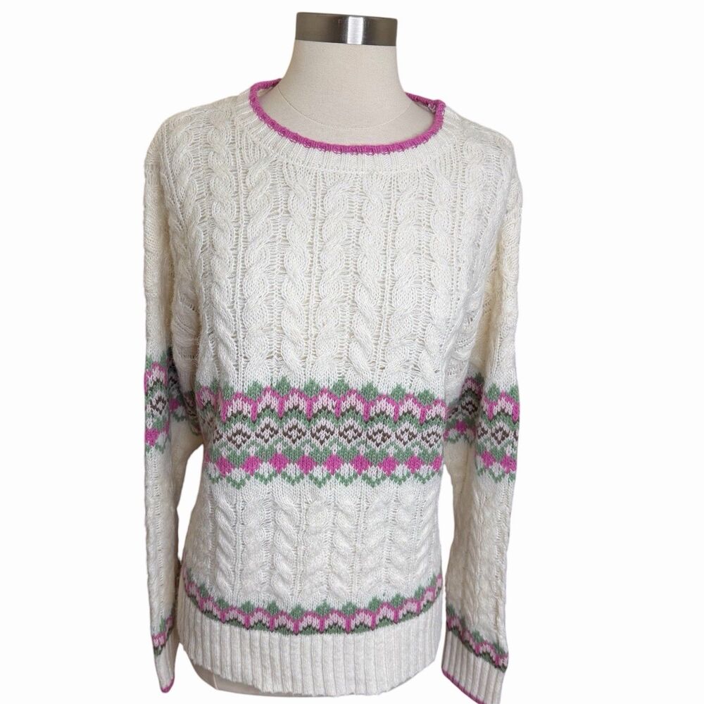 Sugar Moon Cable Knit Sweater L Ivory Pink Fair Isle Cozy Grandma Cottagecore